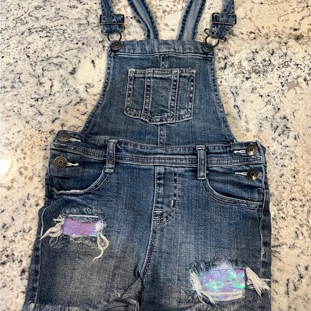 Cat & Jack Blue Denim Overalls with Distressed Design XS(4-5)